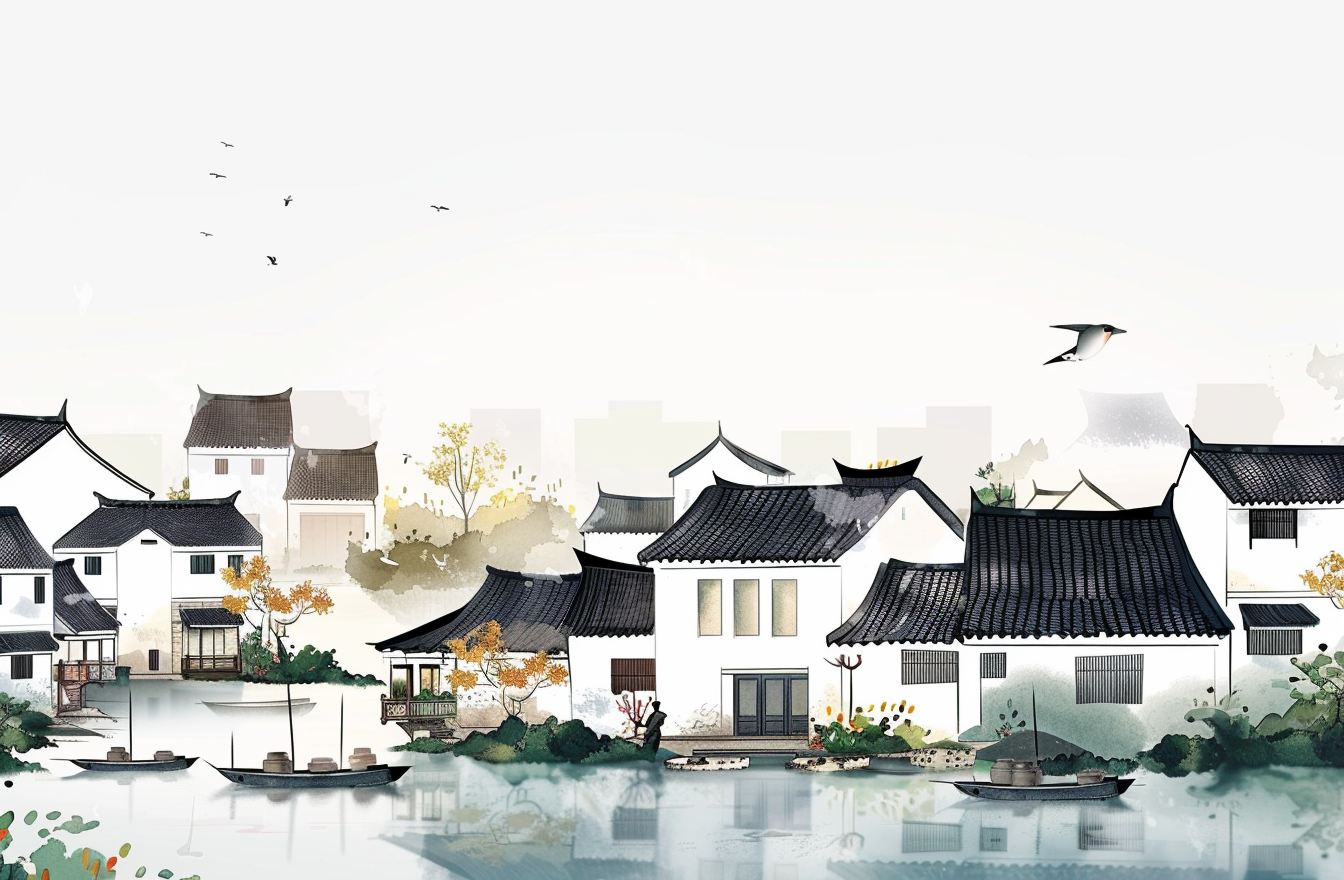 Chinese Ink Painting Style of Jiangnan Water Town