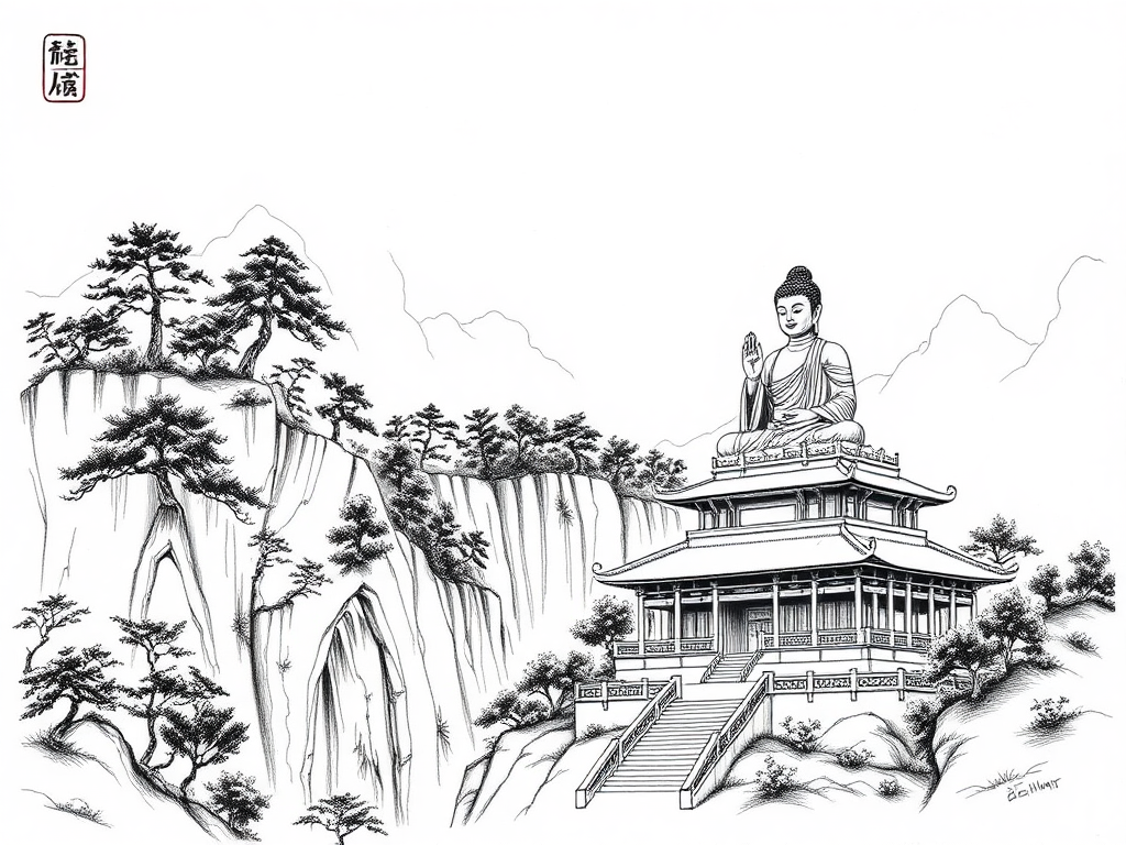 Chinese Ink Style Landscape with Buddha Statue