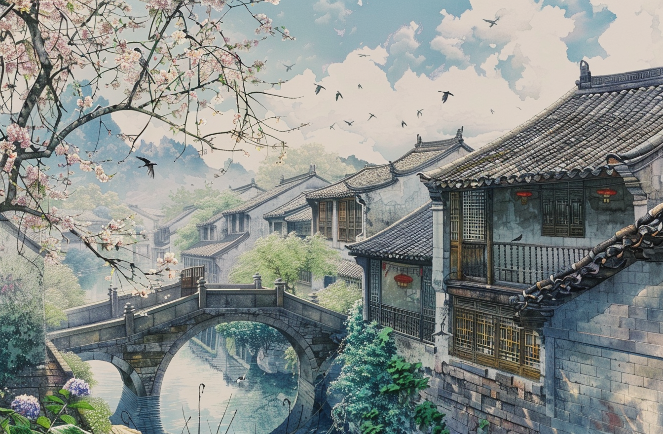 Chinese Landscape Painting with Houses and Water 