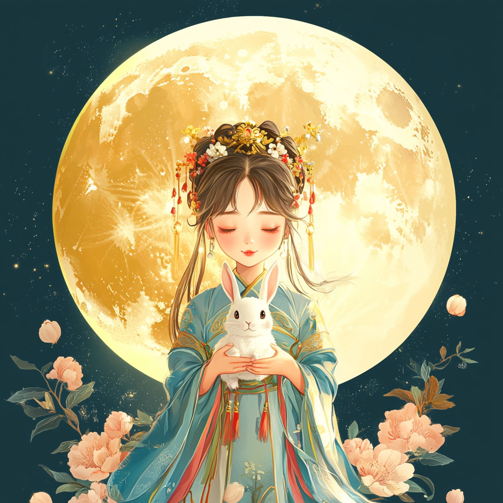 Chinese Mid-Autumn Festival: fairy, moon, rabbit, detailed.