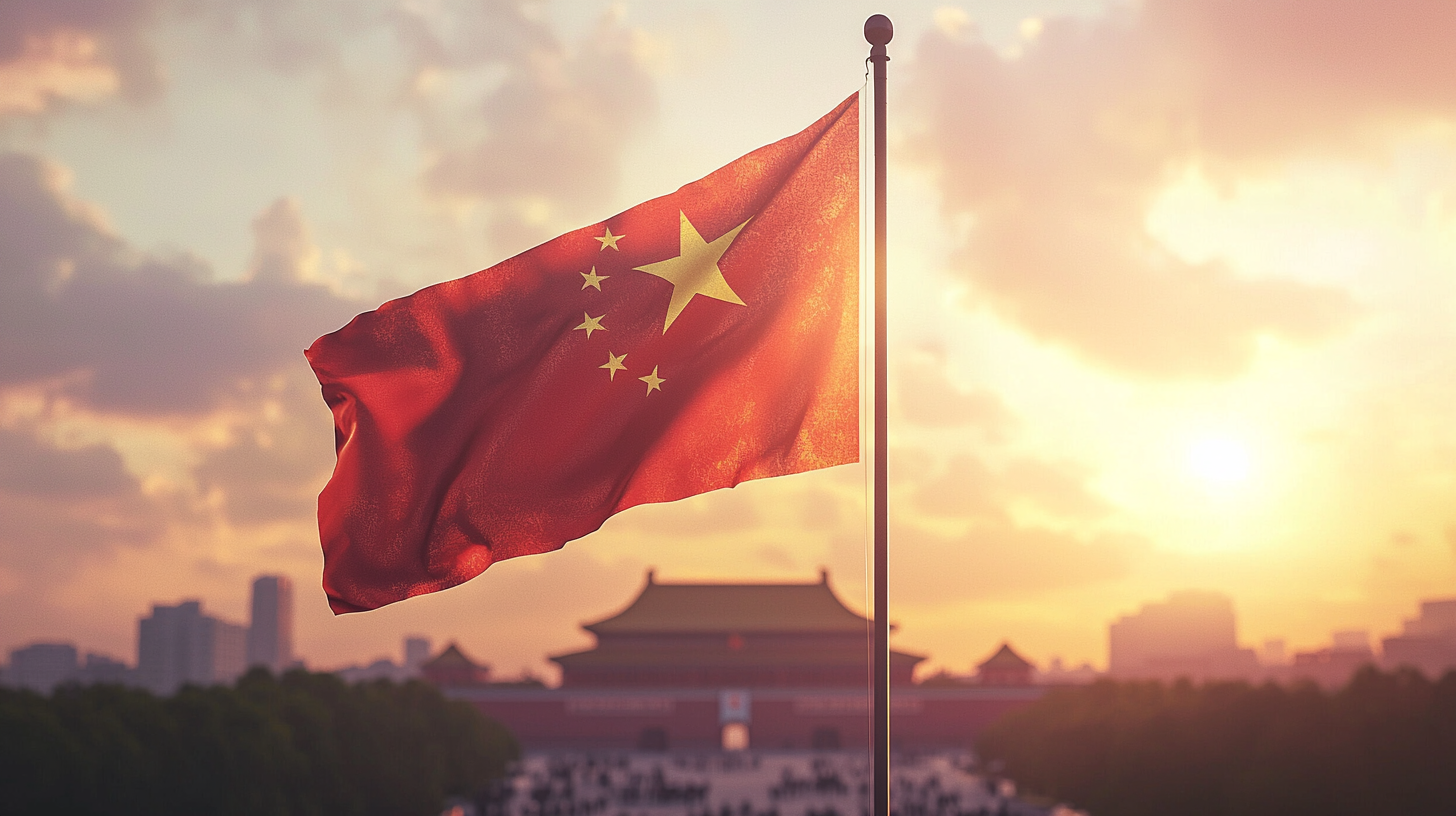 Chinese National Flag, solemn atmosphere, Tiananmen Square, eye-level perspective.