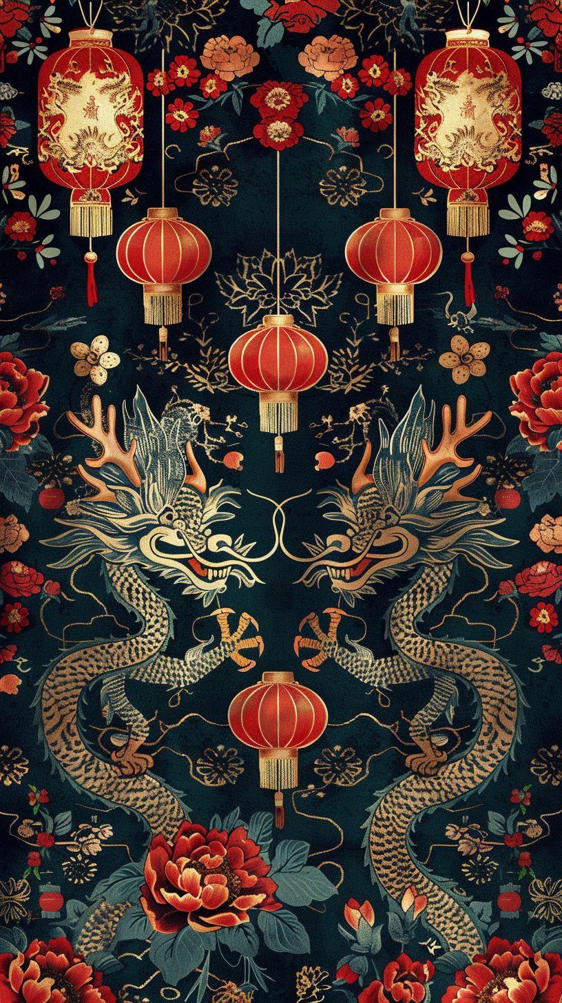 Chinese-Themed Elegant Wallpaper: Lanterns, Dragons, Cherry Blossoms