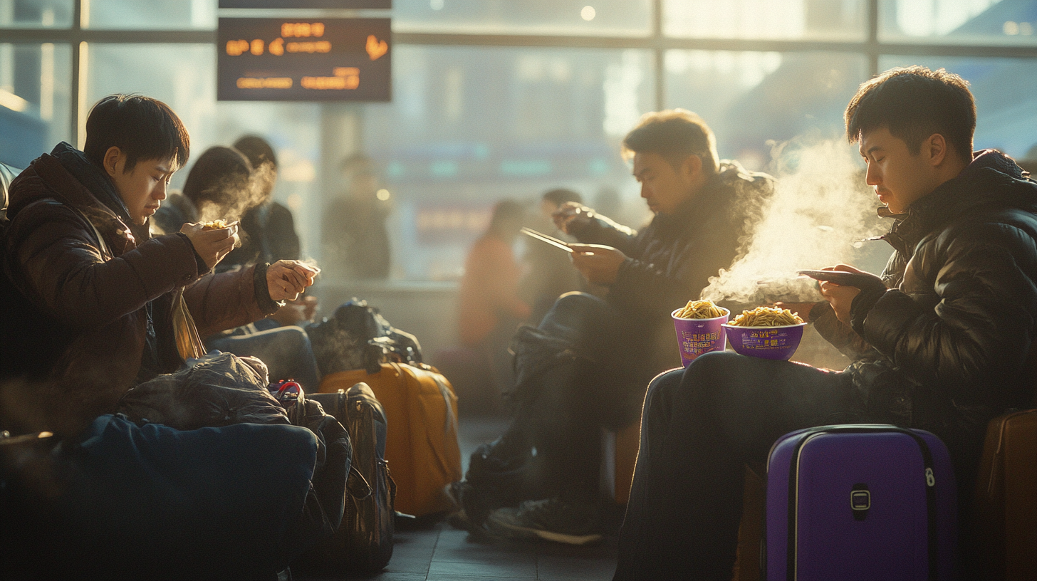 Chinese Travelers Enjoying Noodles at Shanghai Train Station