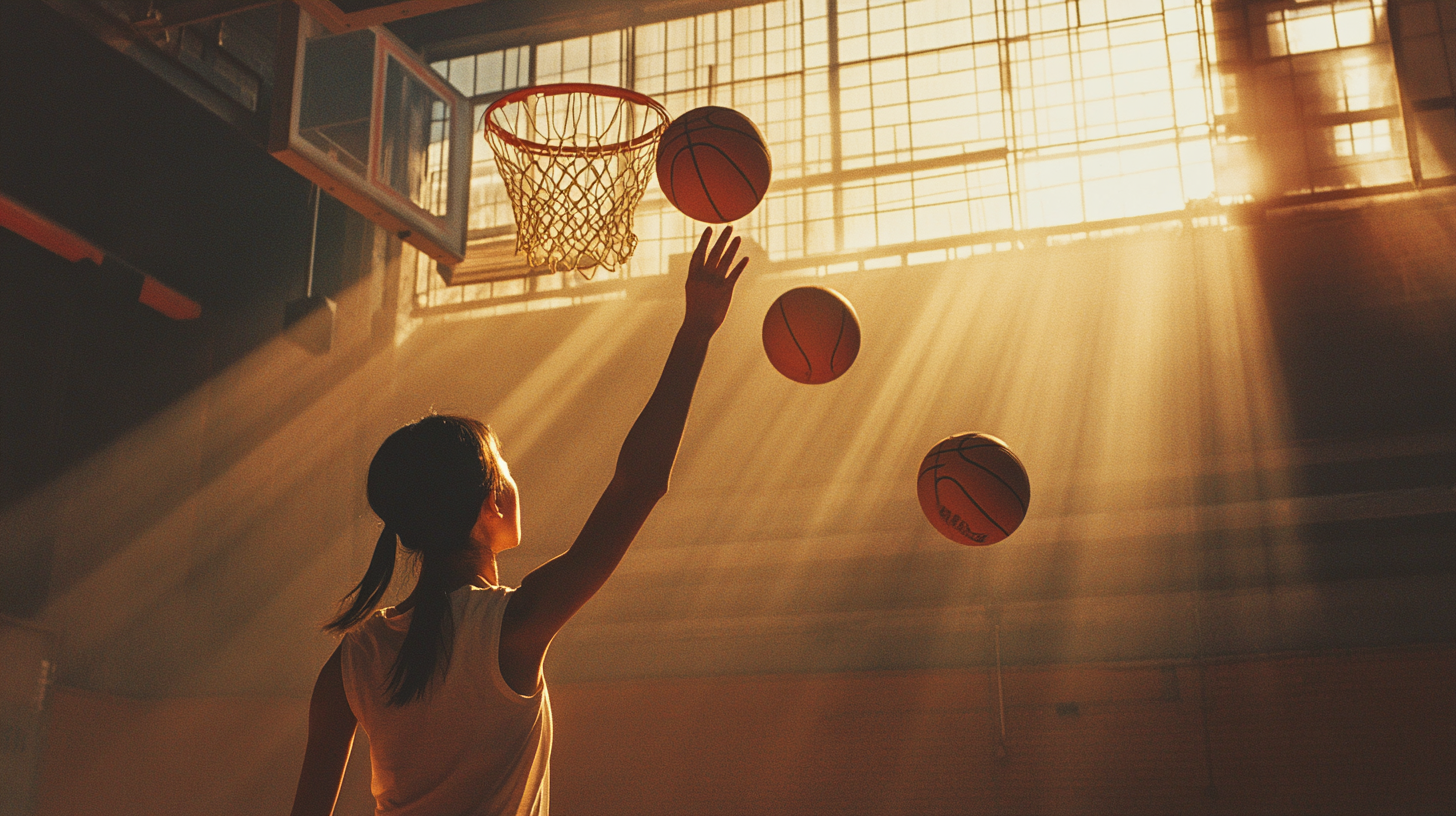 Chinese Woman Playing Basketball in Sunny Indoor Court