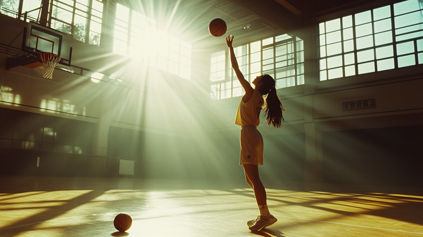 Chinese Woman Scoring Basket in Sunlit Court