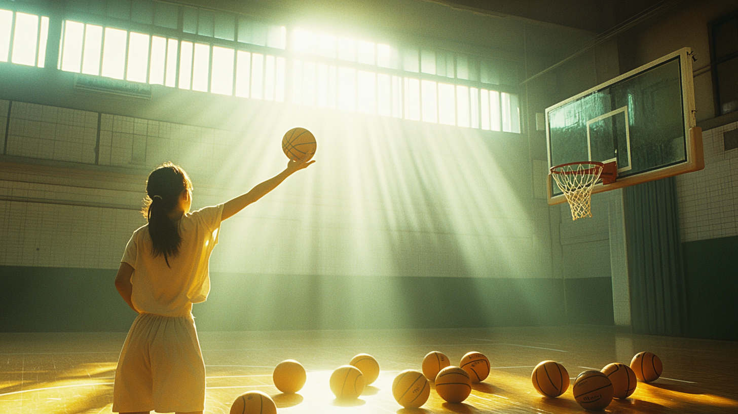 Chinese Woman Shooting Basketball amid Sunlit Court