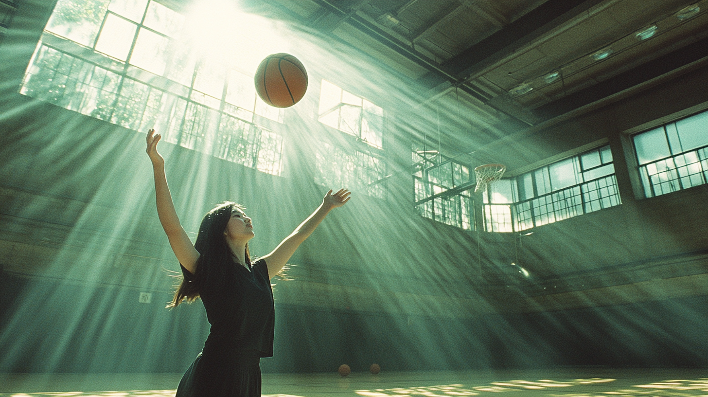 Chinese Woman Shooting Basketball in Sunlit Court