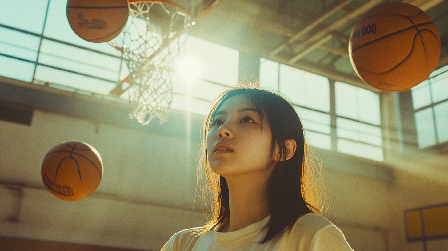 Chinese Woman Shooting Basketballs in Sunlit Court