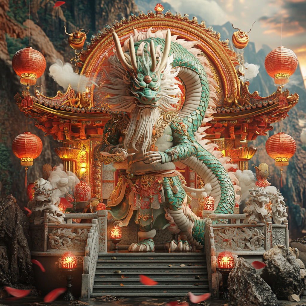 Chinese dragon monk in ornate temple with lanterns.