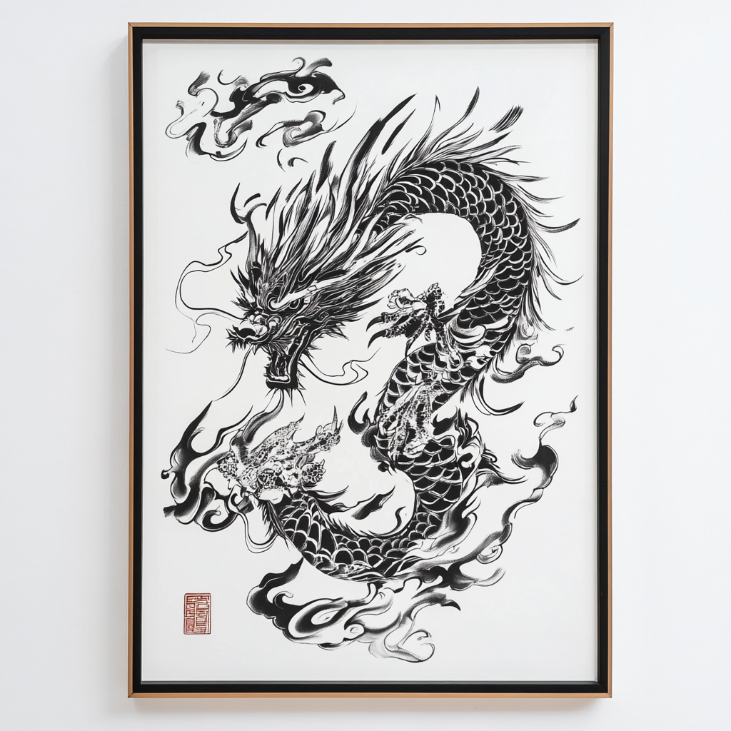 Chinese dragon painting in black and white frame.