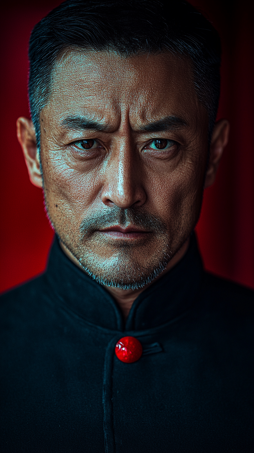Chinese general, 52, tall, lean, muscular, black hair, dark eyes, scar, weathered face, left figure.