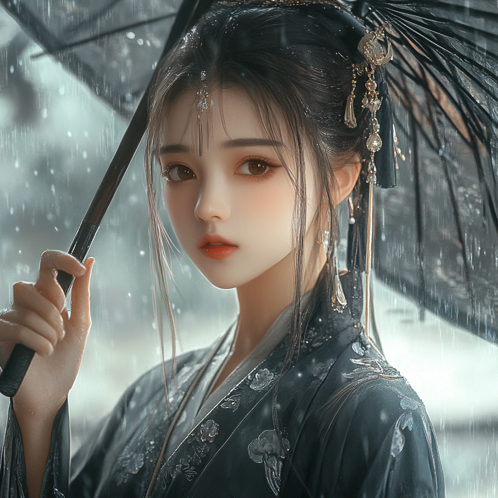 Chinese girl in Tang clothing holding umbrella in rain.