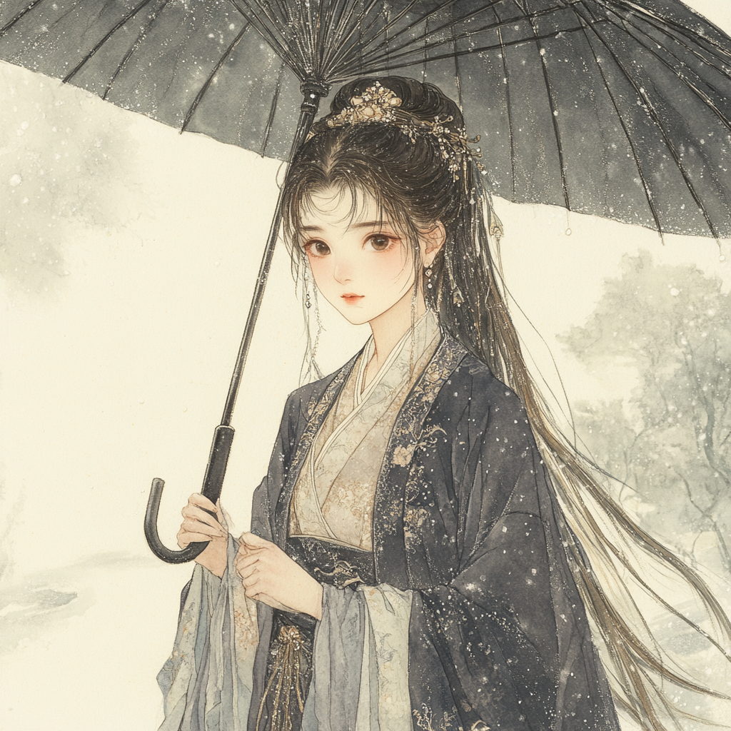 Chinese girl in Tang costume holding umbrella under rain.