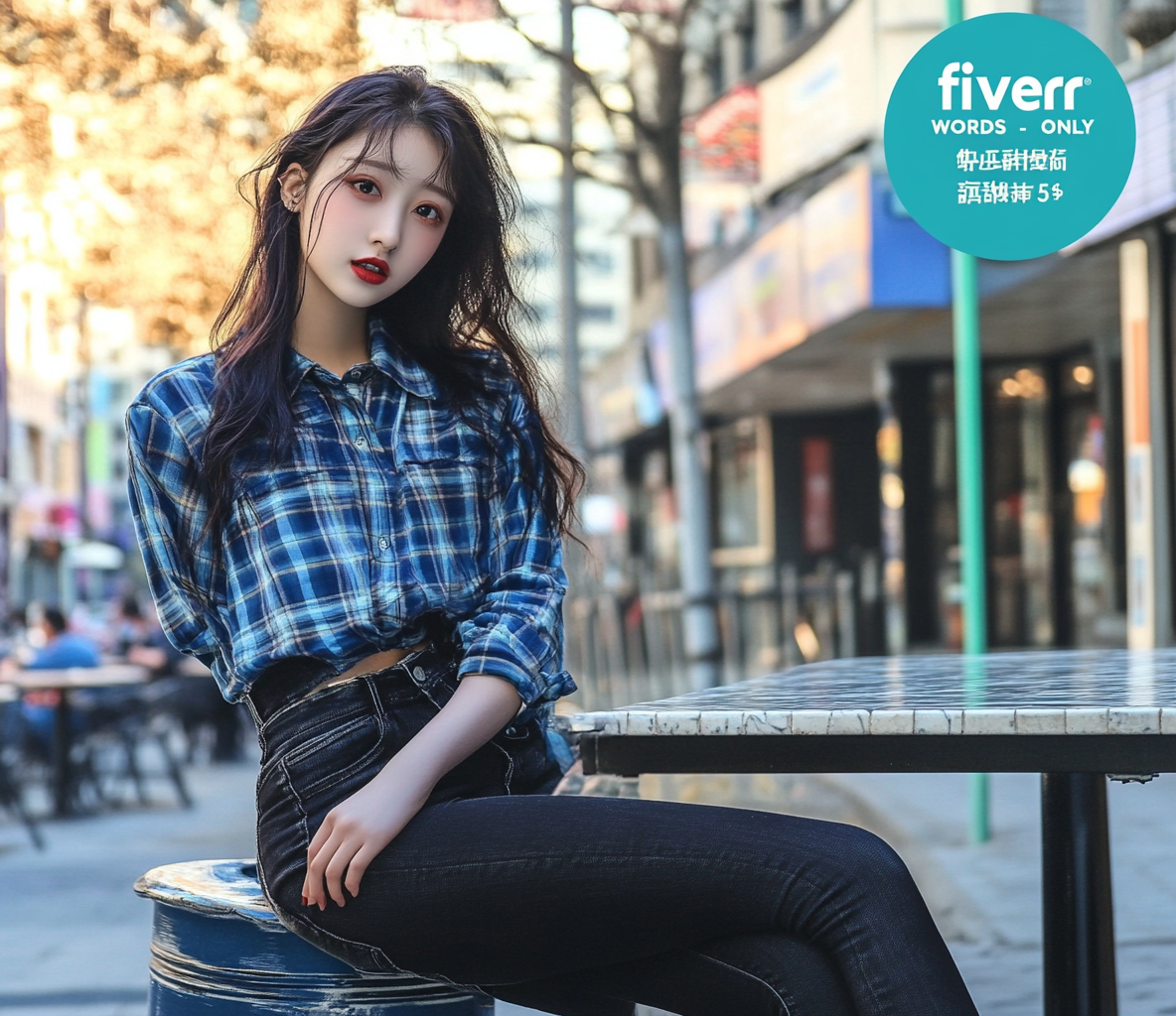 Chinese girl in plaid shirt at Fiverr cafe.