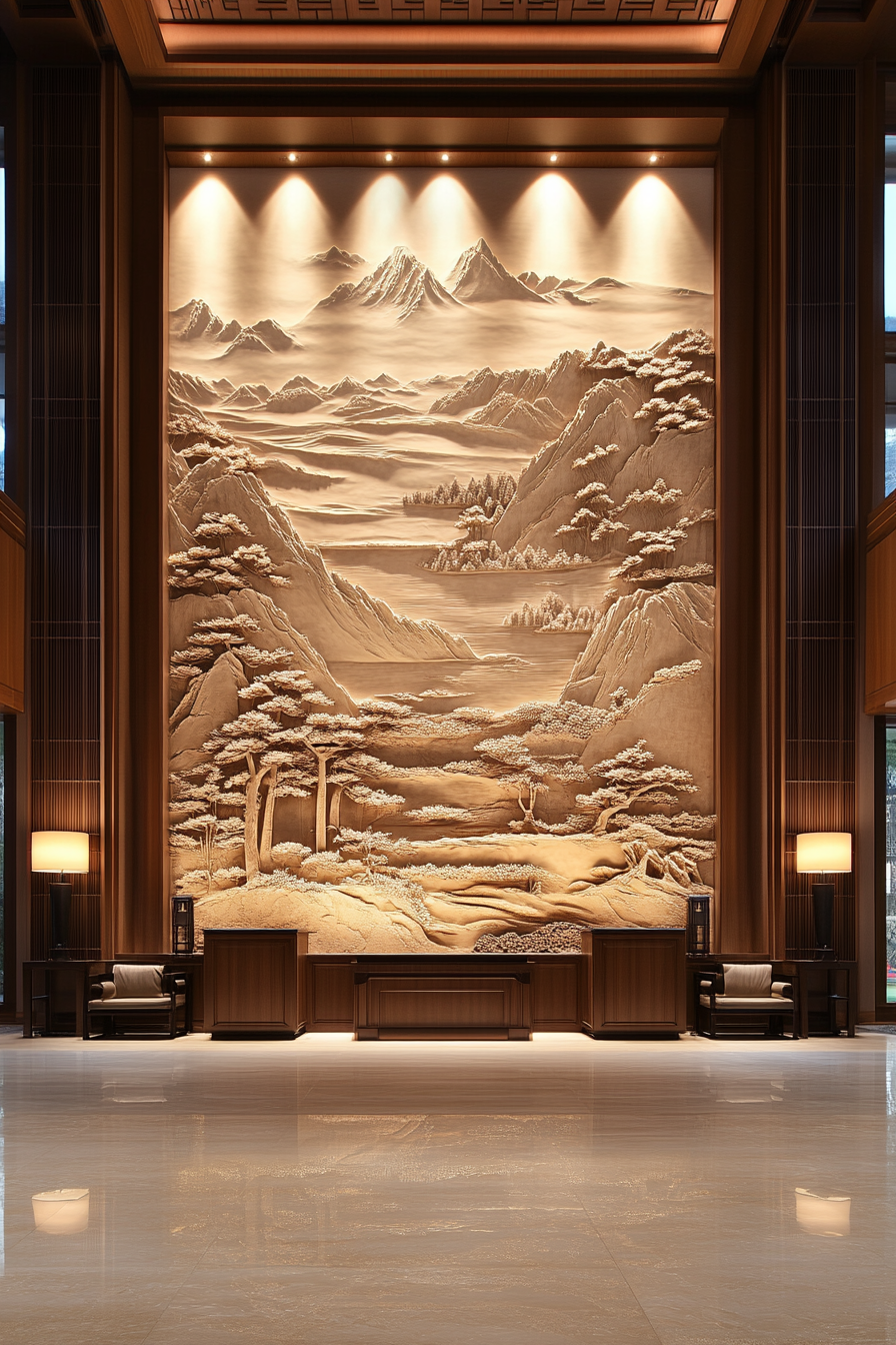 Chinese landscape relief dominates hotel lobby wall decoration.