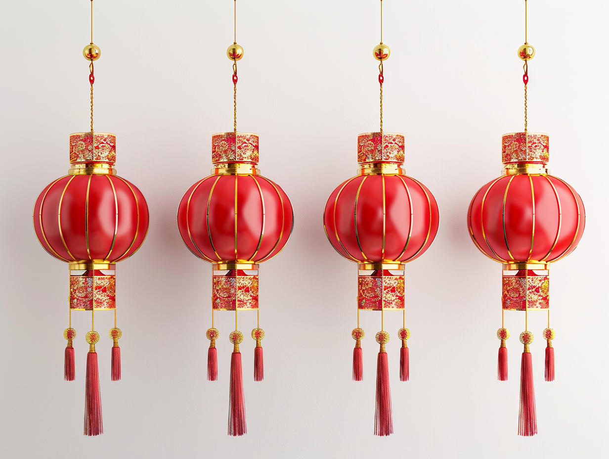 Chinese lanterns hanging symmetrically, intricate gold details, white background.