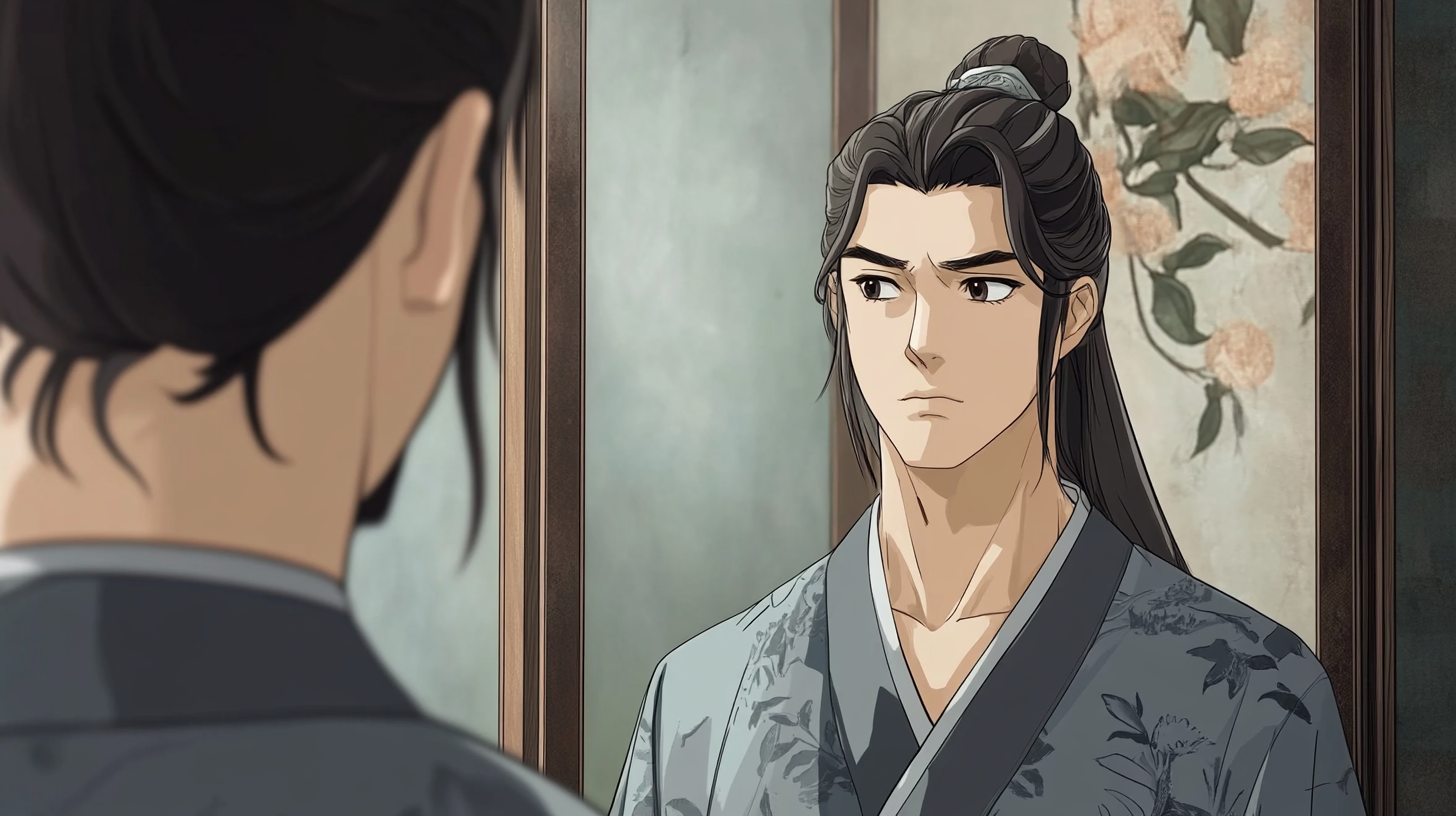 Chinese man doubts reflection in mirror, anime style.