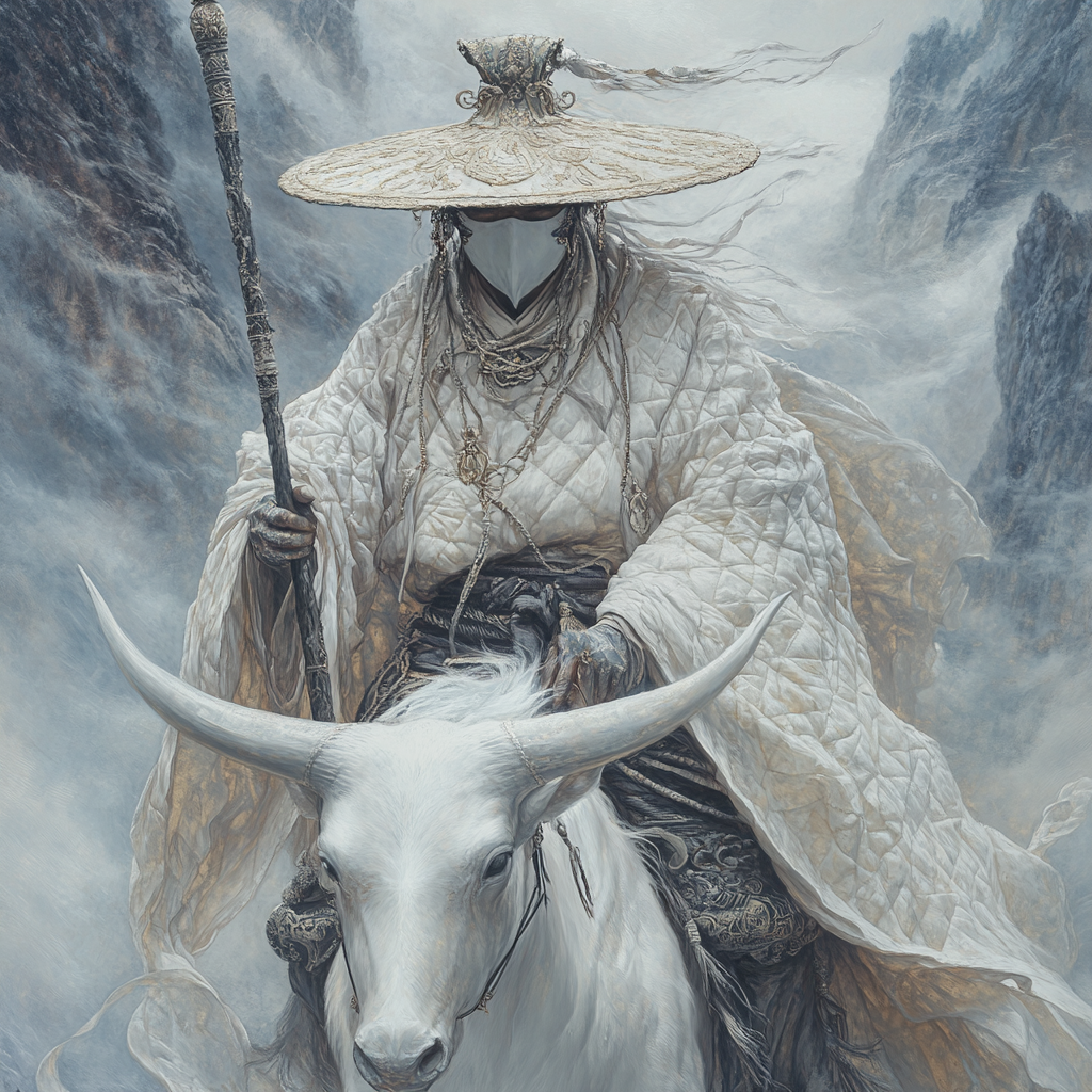 Chinese monk in ornate robe and hat rides ghostly ox.