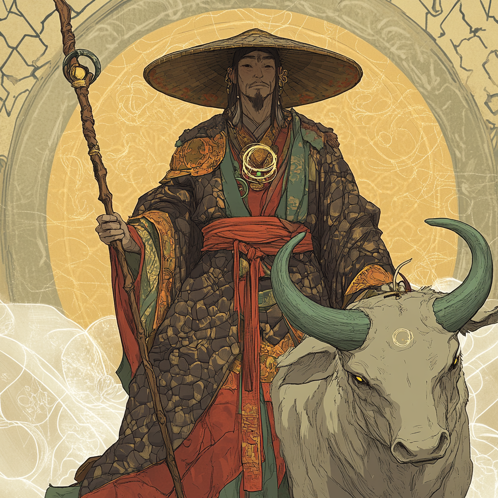 Chinese monk in quilted robe and large hat riding ox.