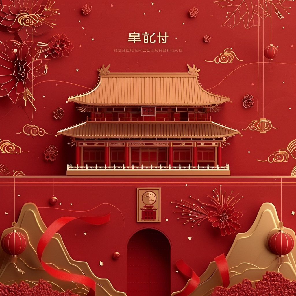 Chinese red background, gradient to enhance dimension, fireworks, ribbons.