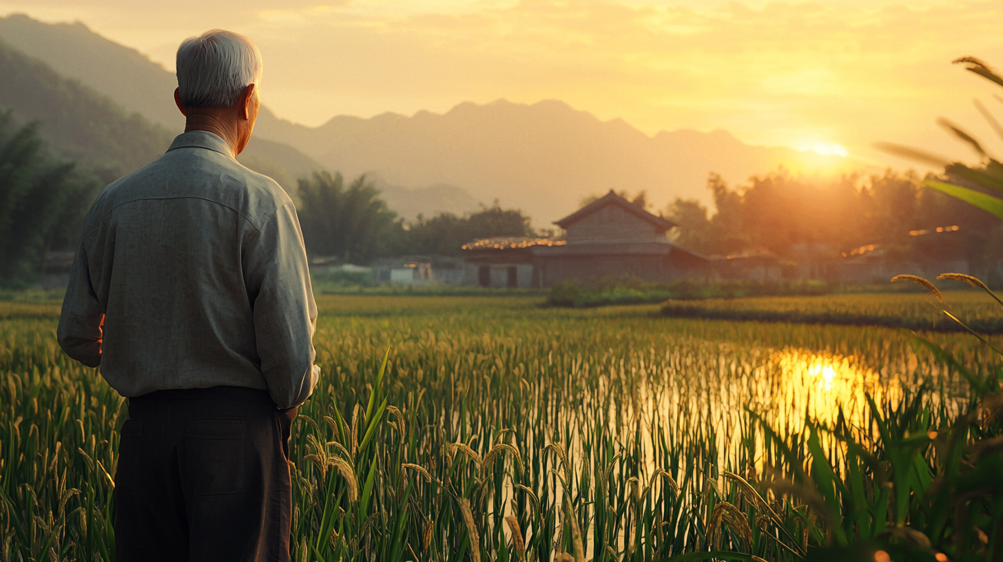 Chinese scientist in rice field at sunset holding plants.