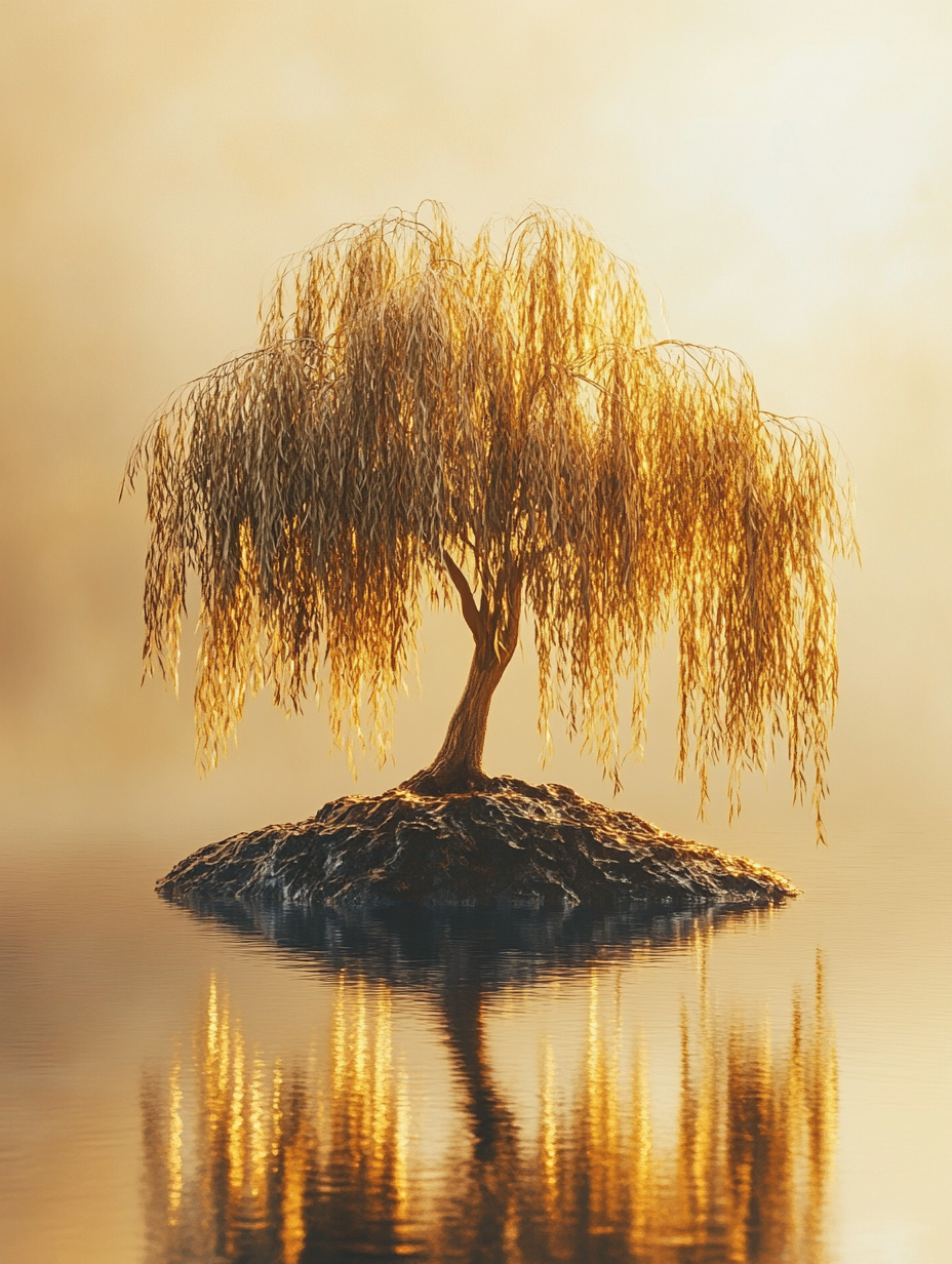 Chinese style golden light weeping willow on island.