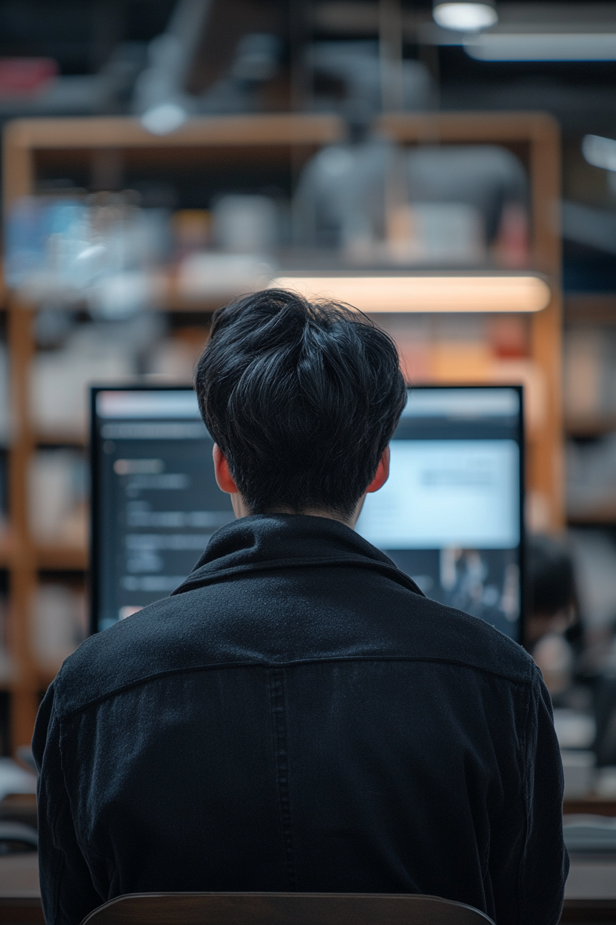 Chinese teacher at desk facing office monitor screen.