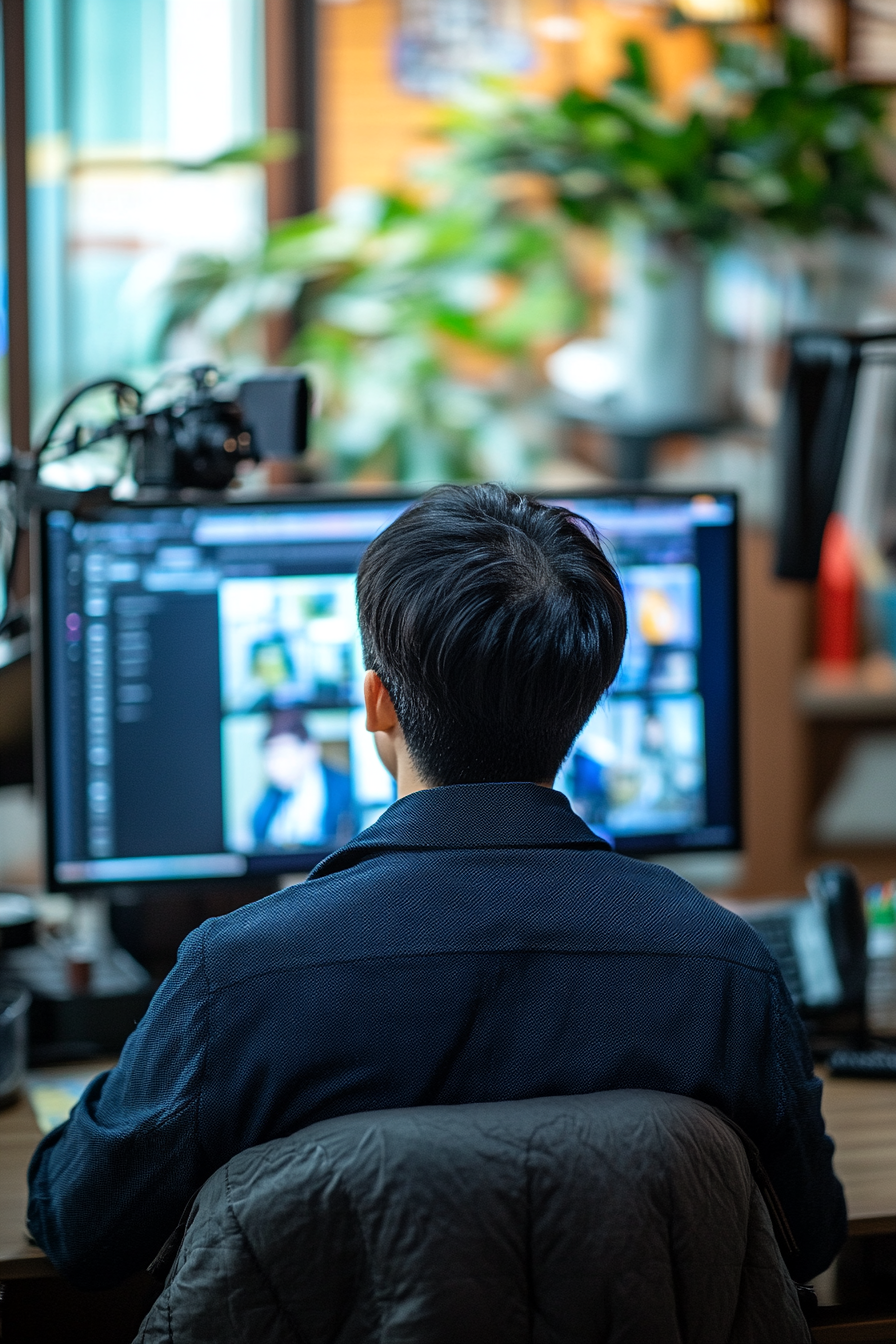 Chinese teacher sitting at desk facing computer screen.