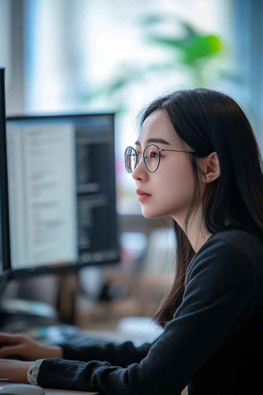 Chinese teacher working at desk in office. Camera focuses on teacher using SONY α9 III.