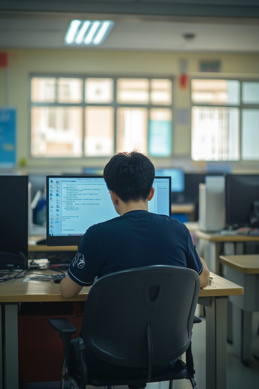 Chinese teacher working at desk with computer monitor.