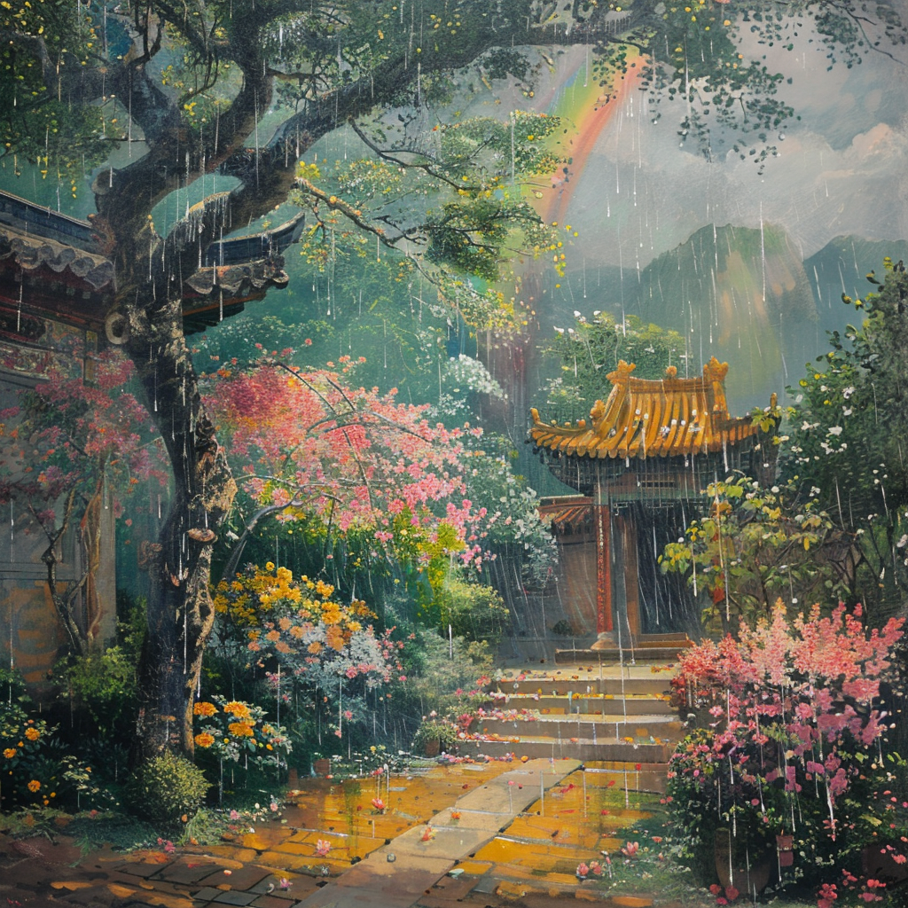 Chinese temple with Buddha trees, sweet flower scent, rainbow rain.