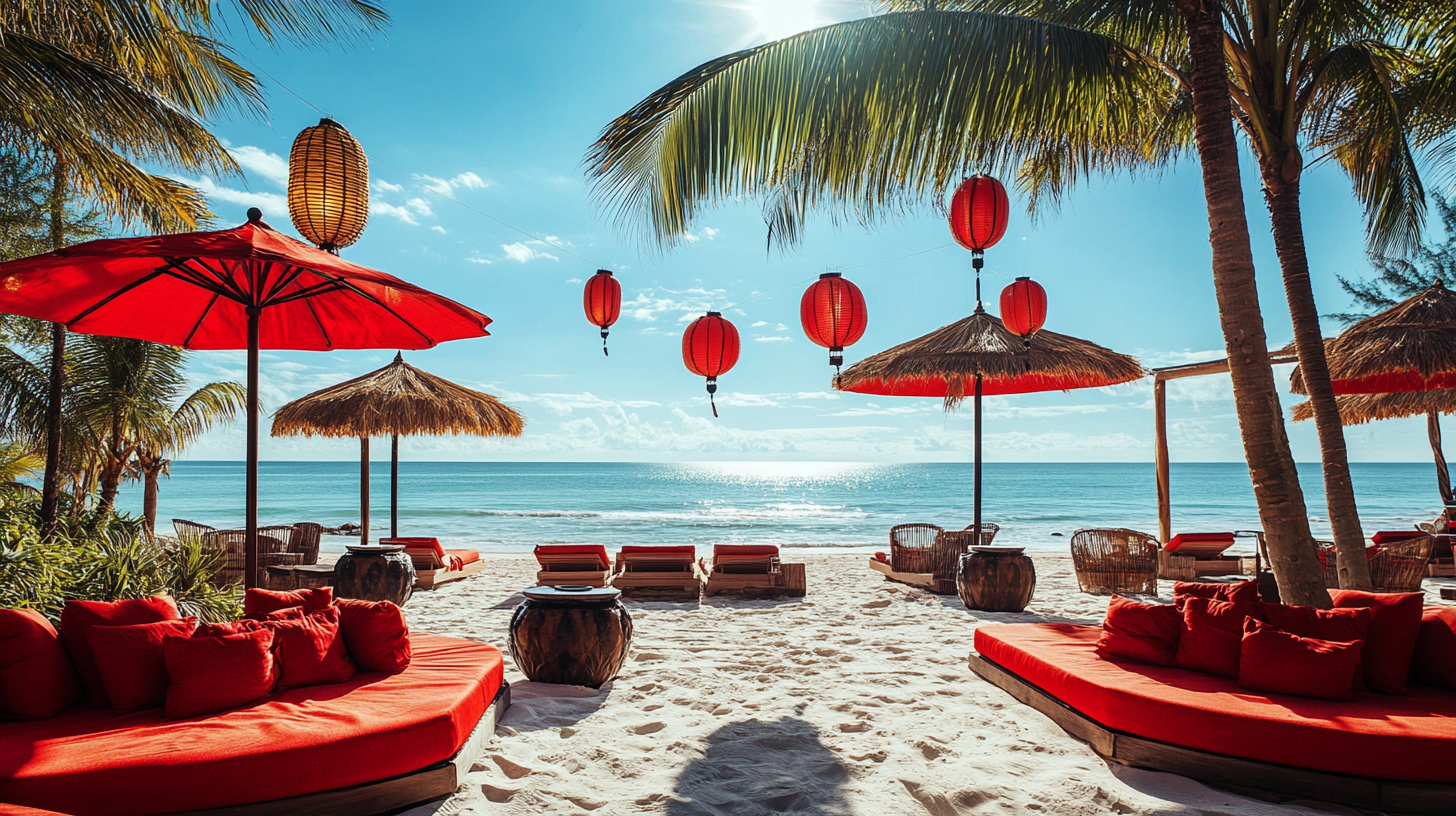 Chinese-themed beach club with red and black decor