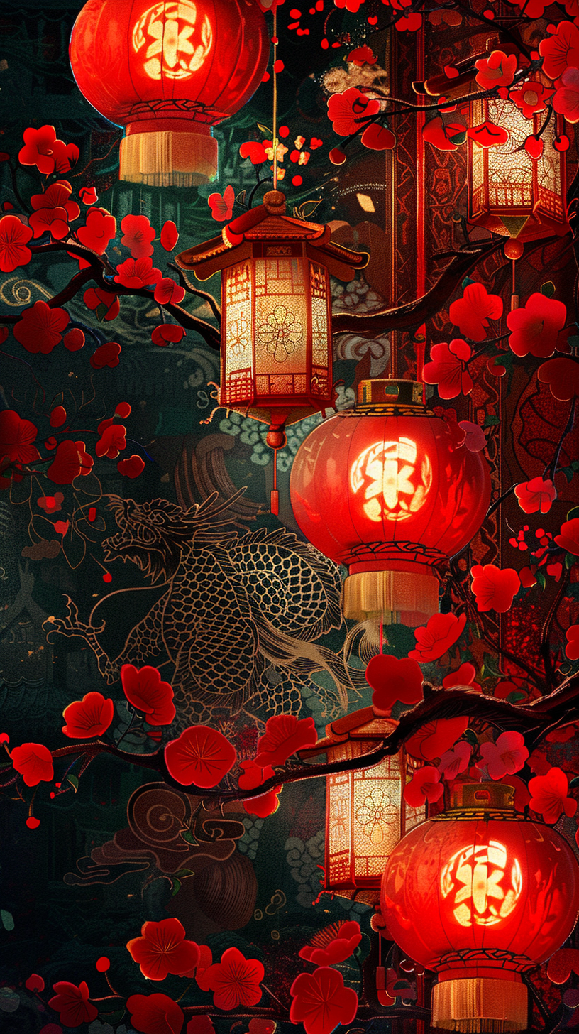 Chinese-themed wallpaper with lanterns, dragons, and cherry blossoms.