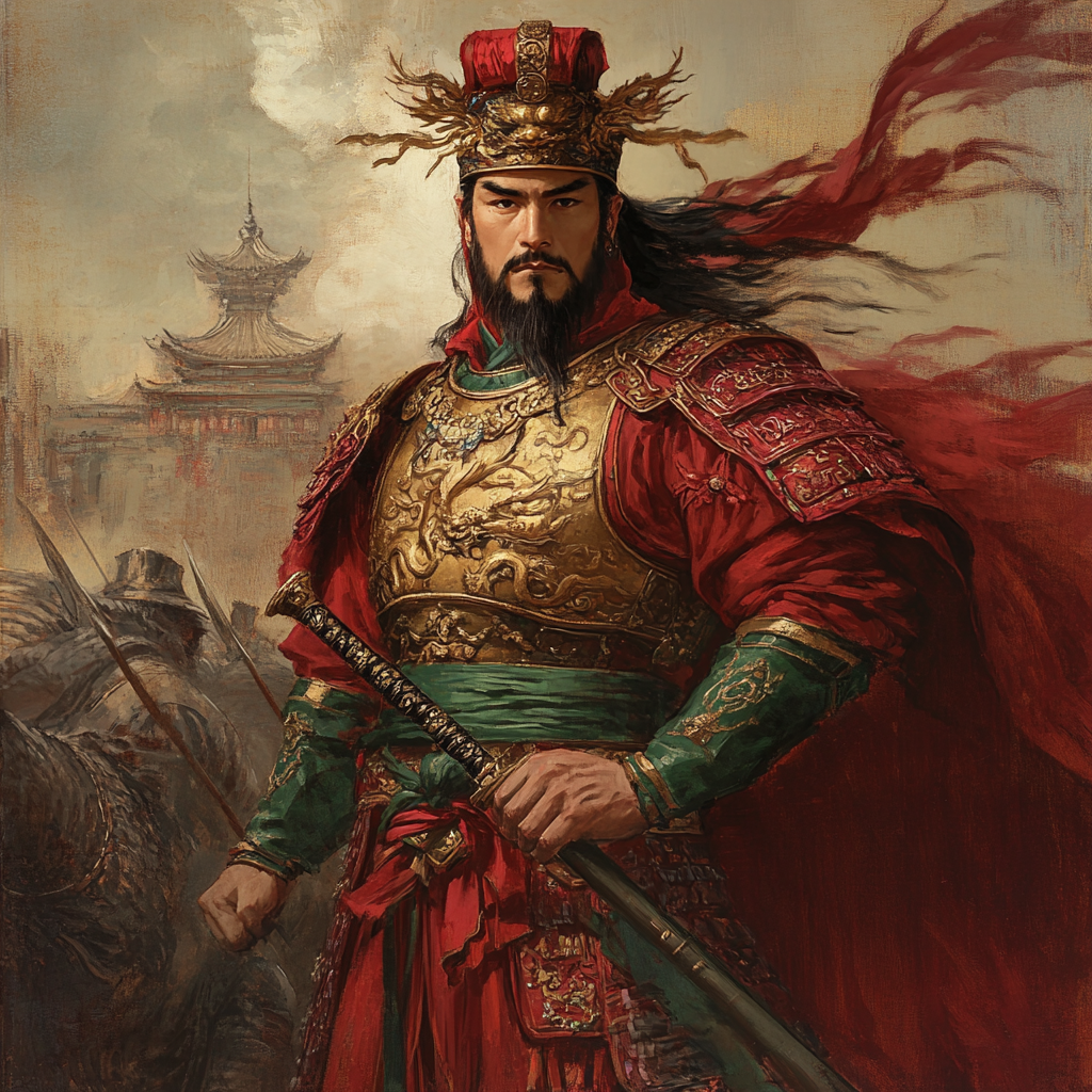 Chinese warrior in red armor and helmet. Phoenix, lion, wolf.