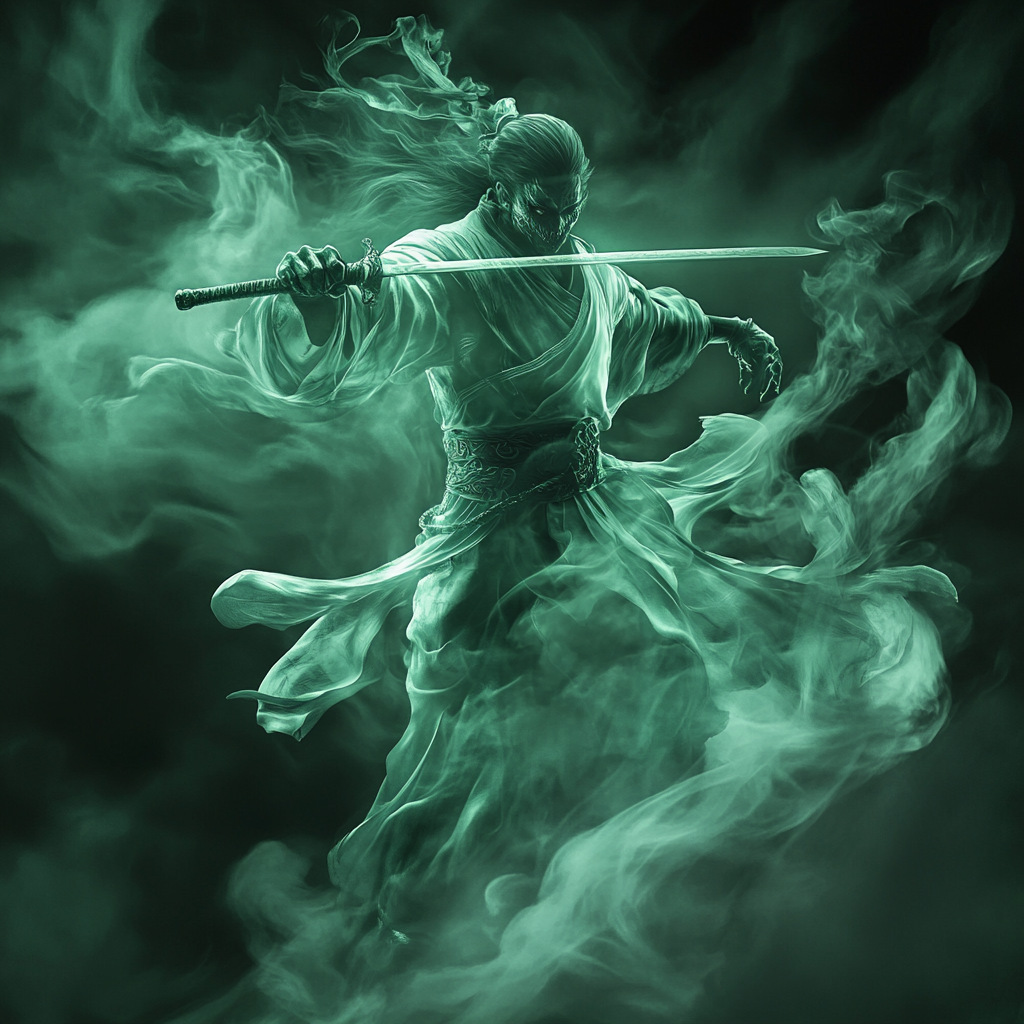 Chinese warrior wielding translucent green sword, swirling smoke, foreshortening.