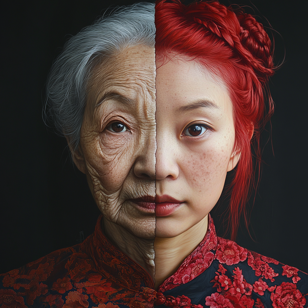 Chinese woman's face; older side with wrinkles, younger side with smooth skin, strong gaze, photorealistic.