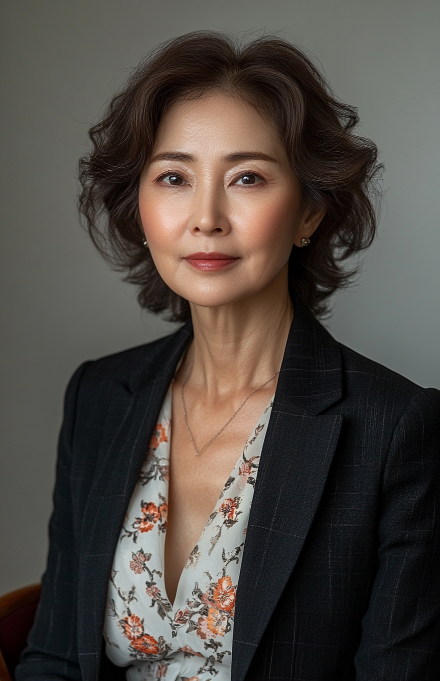 Chinese woman in forties, short hair, black suit, white dress.