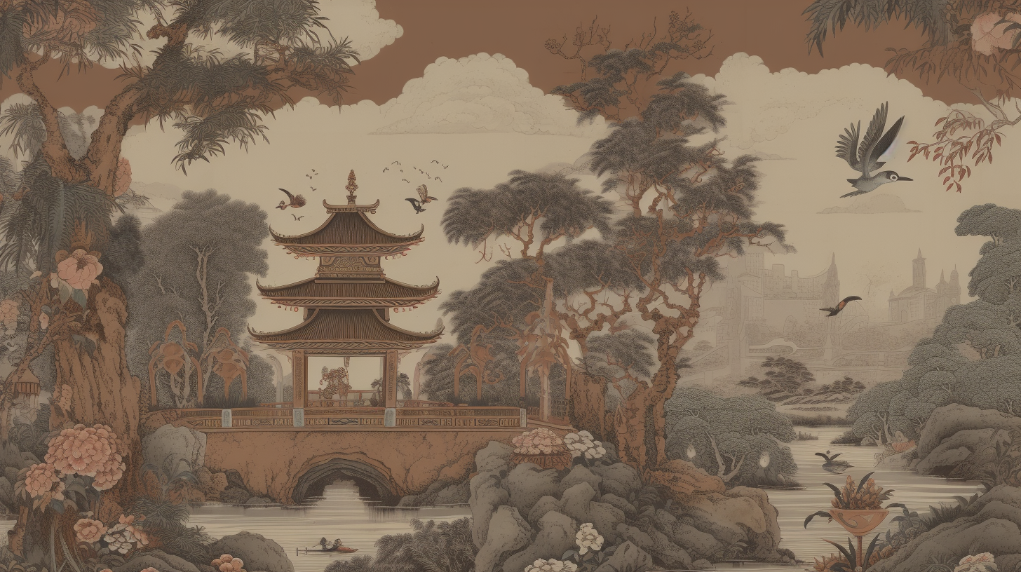 Chinoiserie-inspired wallpaper: pagoda, elephant, tiger in jungle