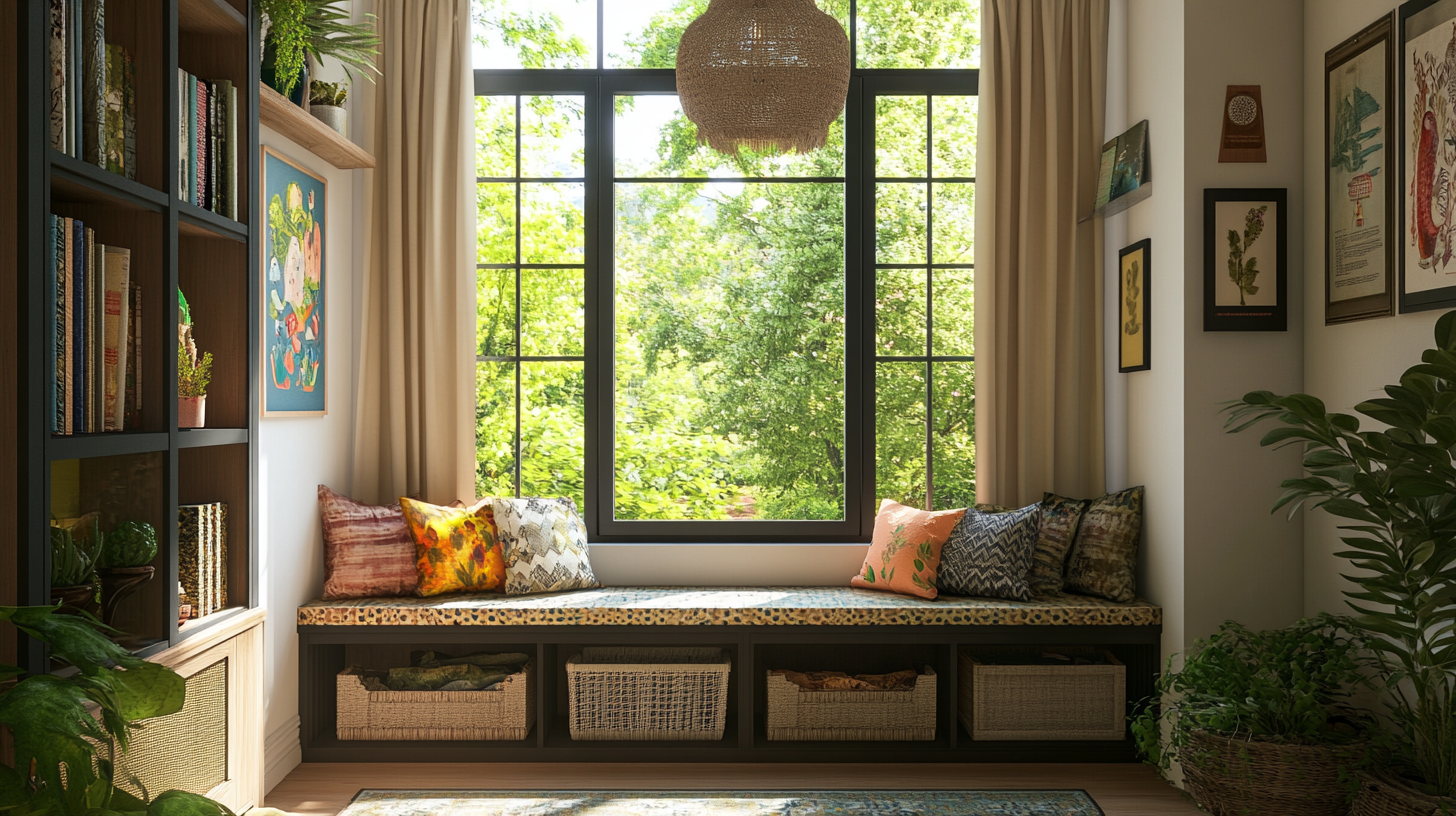 Chinoiserie-style conservatory with cozy sofa, plants, and aquarium.