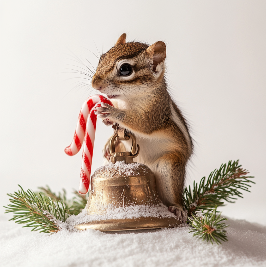 Chipmunk holding candy cane on Christmas bell