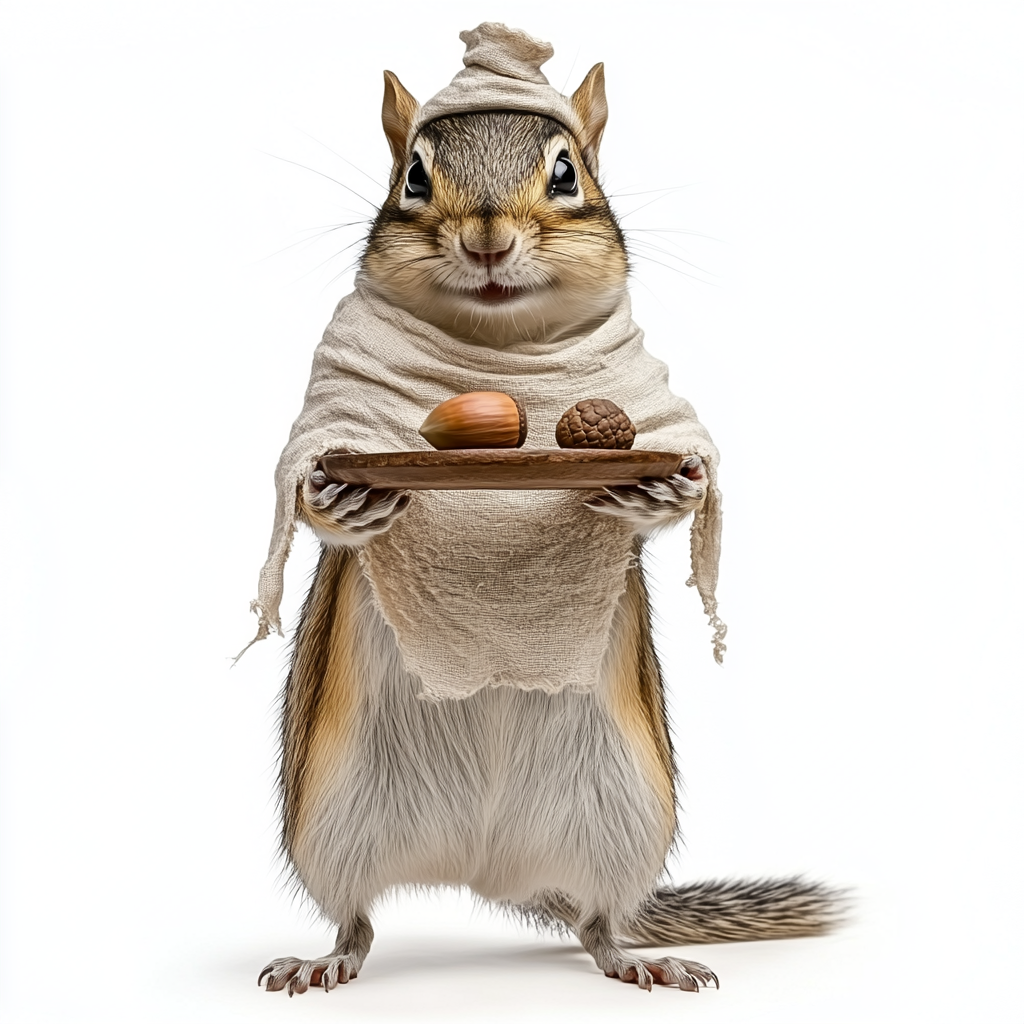 Chipmunk holding wood tray with acorn, medieval cloth Hennin.