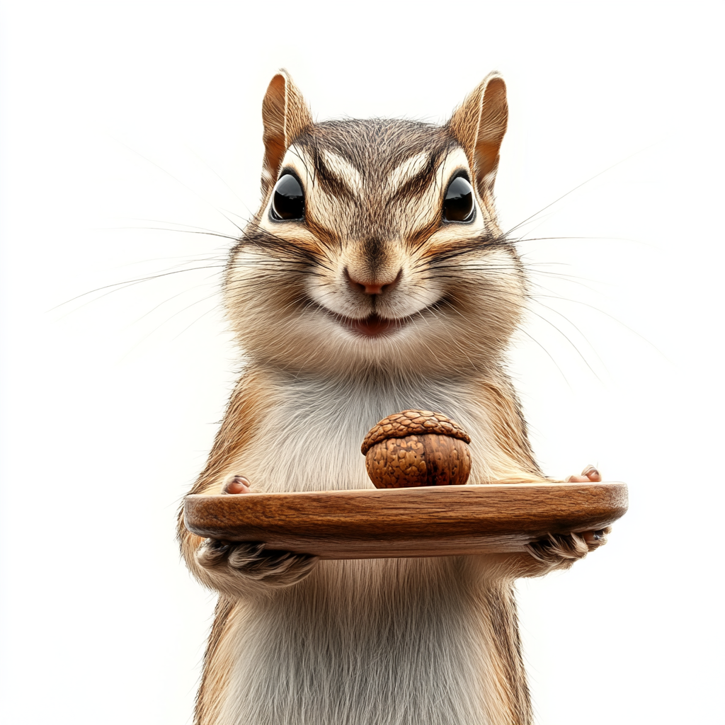 Chipmunk with tray holding acorn, smiling, wearing headgear.