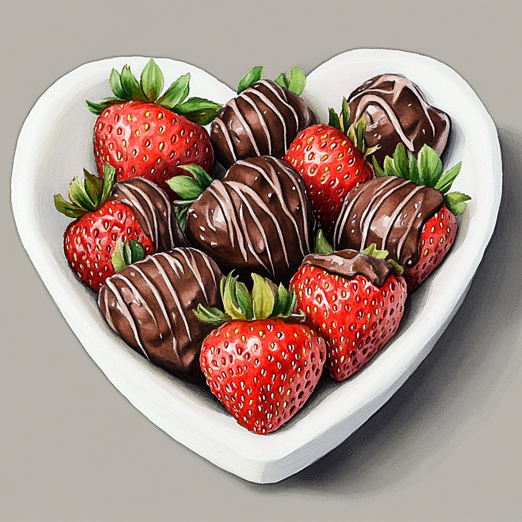 Chocolate-Covered Strawberries in Heart-Shaped Porcelain Bowl