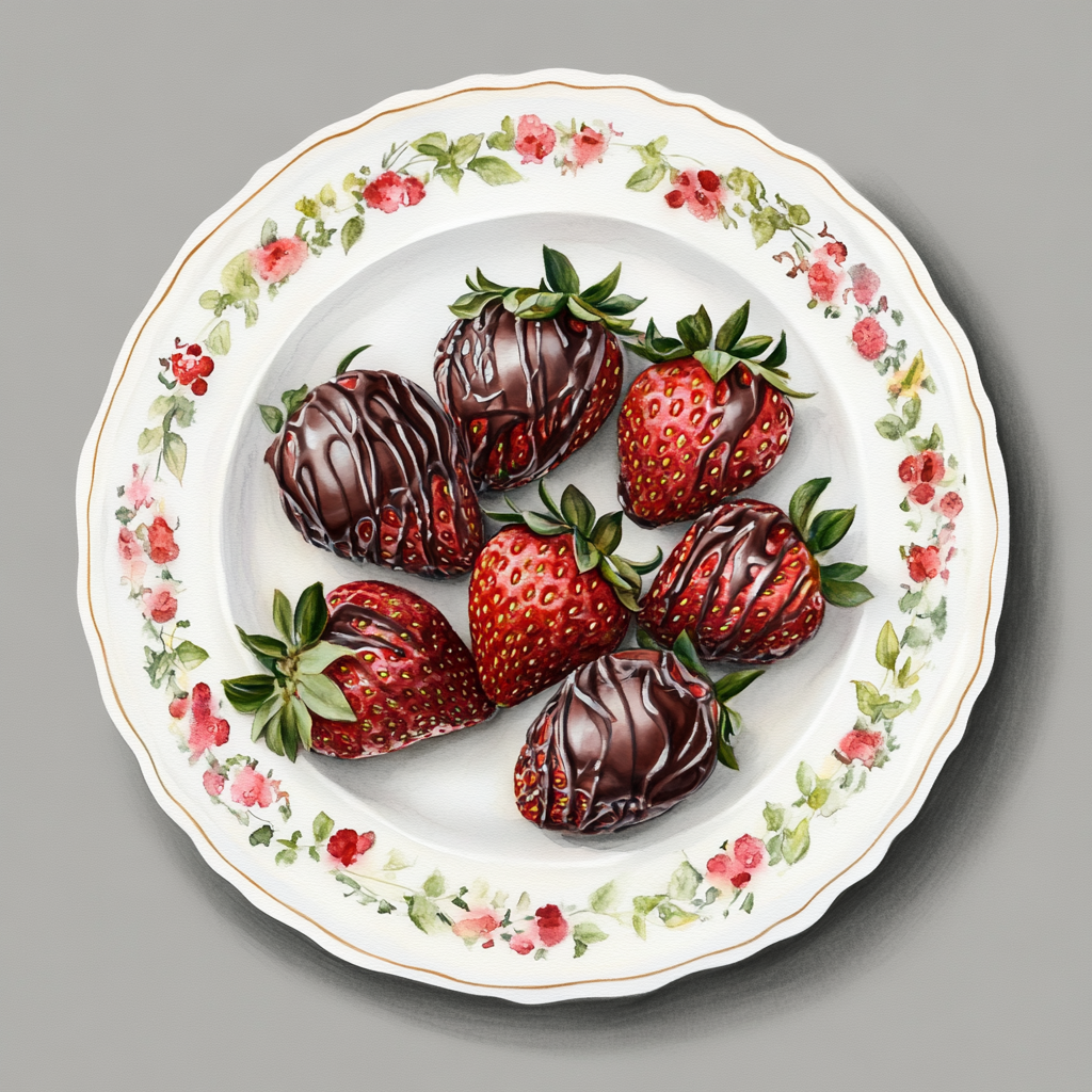 Chocolate Covered Strawberries on Ornate White Plate