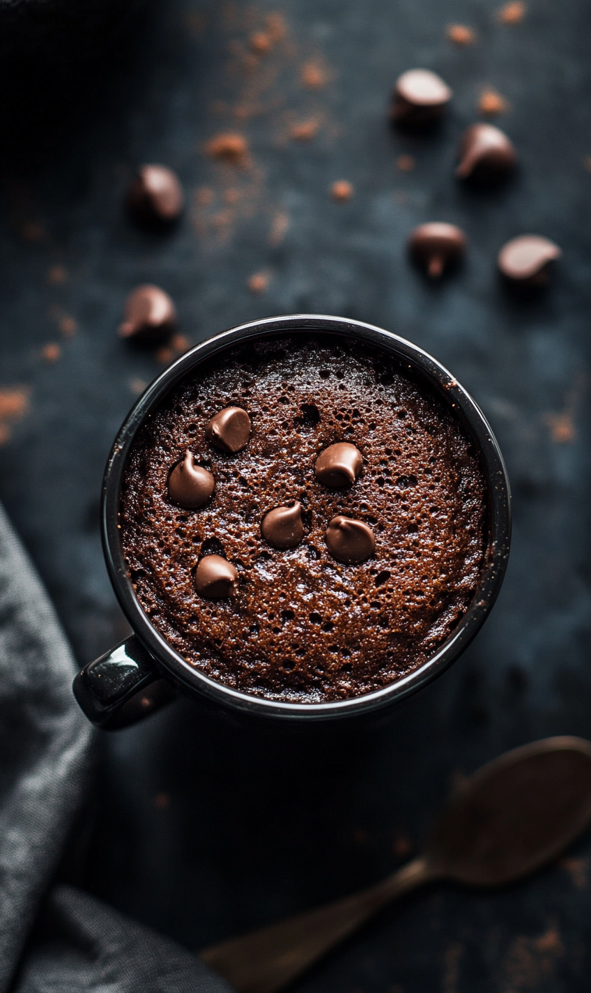 Chocolate mug cake, tempting close-up shot, elegant lighting.