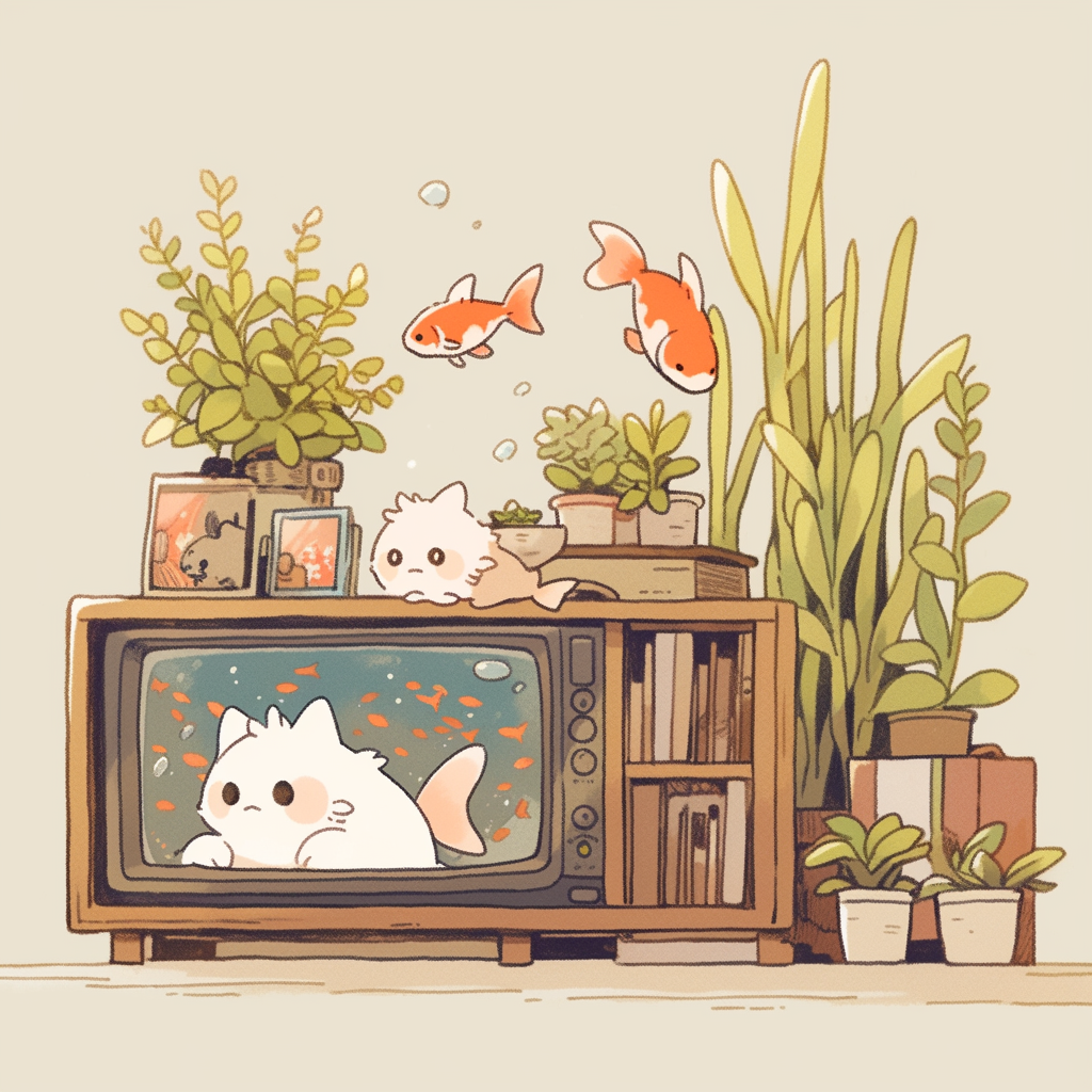 Chonky Cat Watches Fish on TV in Cozy Home