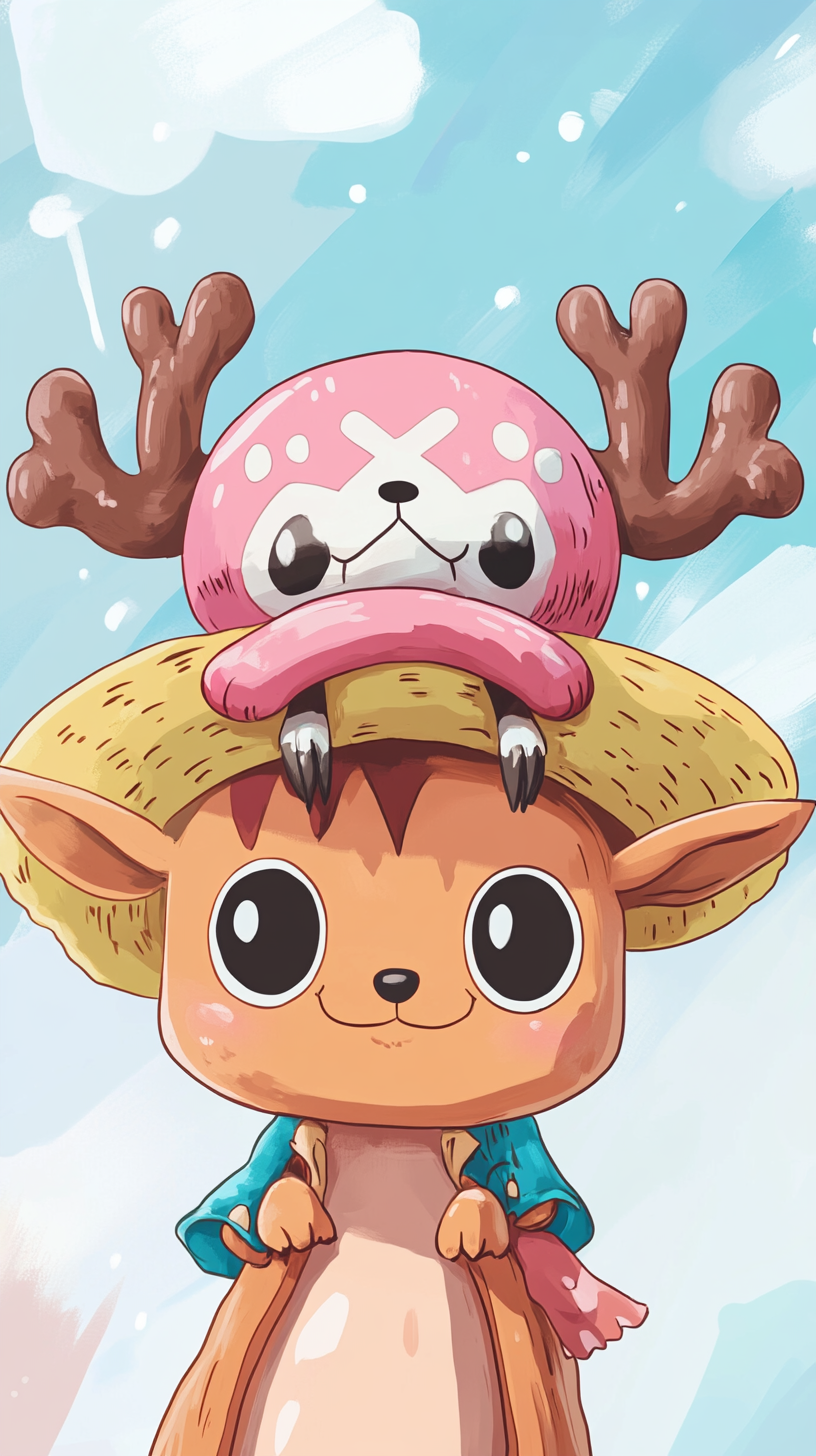 Chopper sits on Luffy's head, playful and surprised.