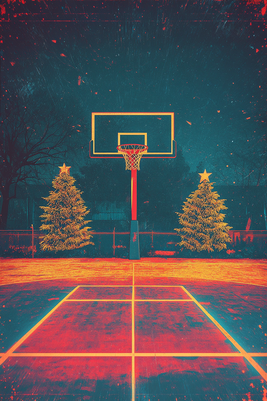 Christmas Basketball Court - A synthwave-style graphic featuring a dirty, old court.