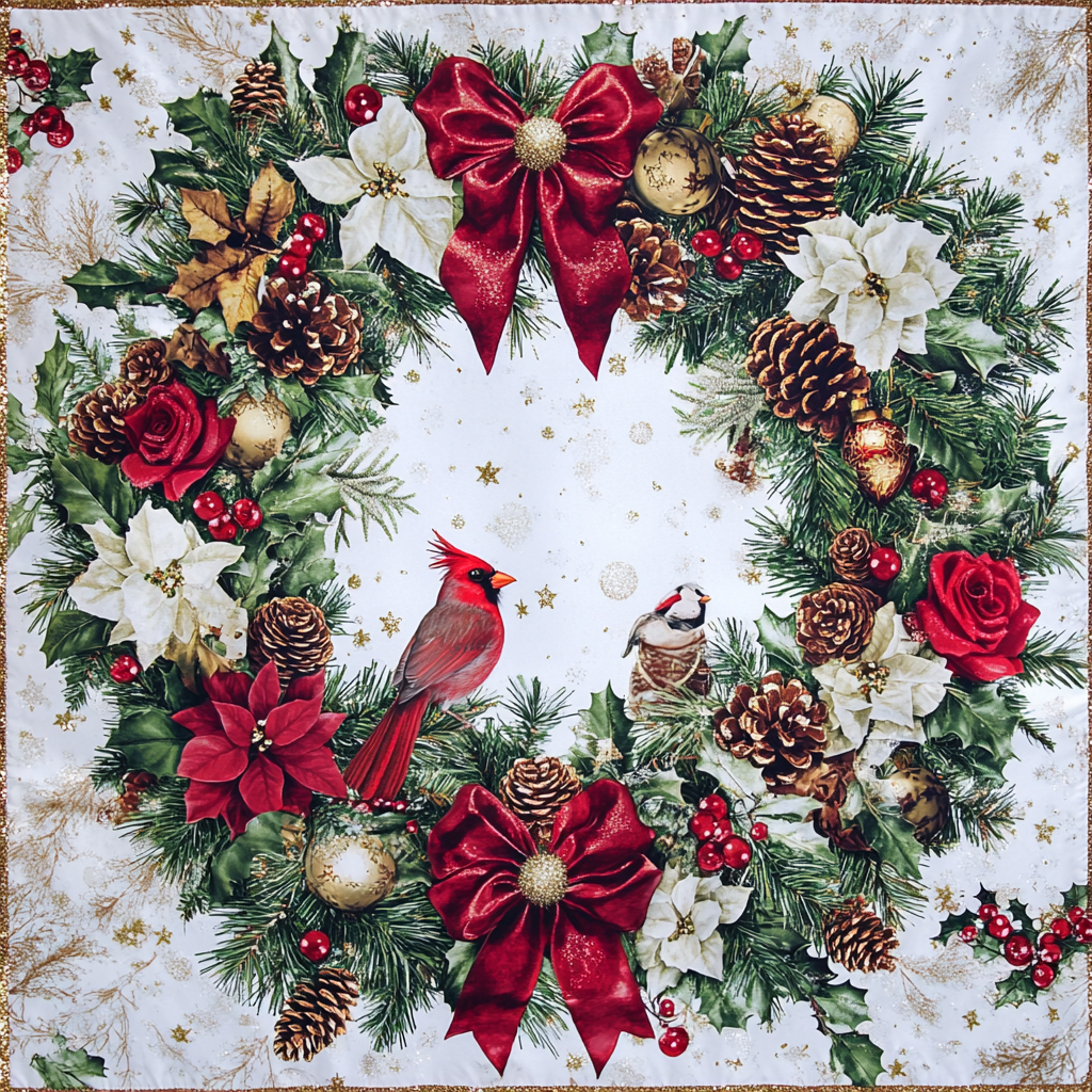 Christmas Fabric Design: Wreath, Baubles, Snowflakes, Cardinals, Stars