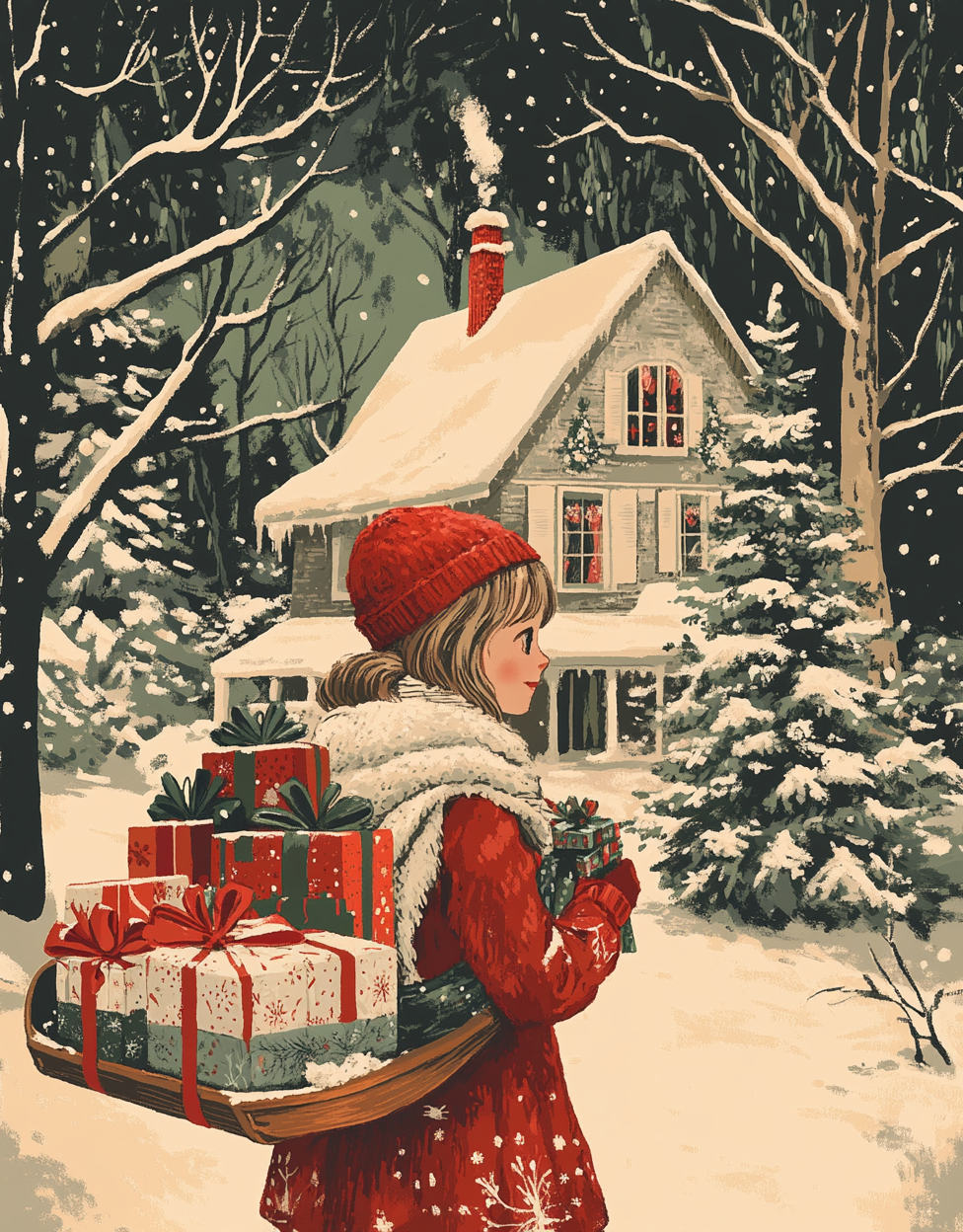 Christmas Girl with Gifts in Snowy Scene